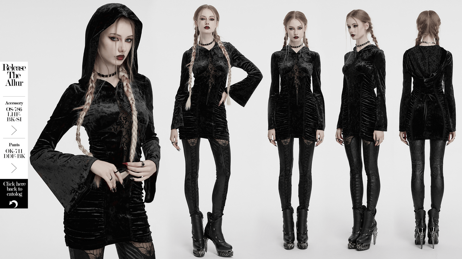 Elegant black velvet lace cross dress with hood and ruched waist, showcasing gothic style and curves.