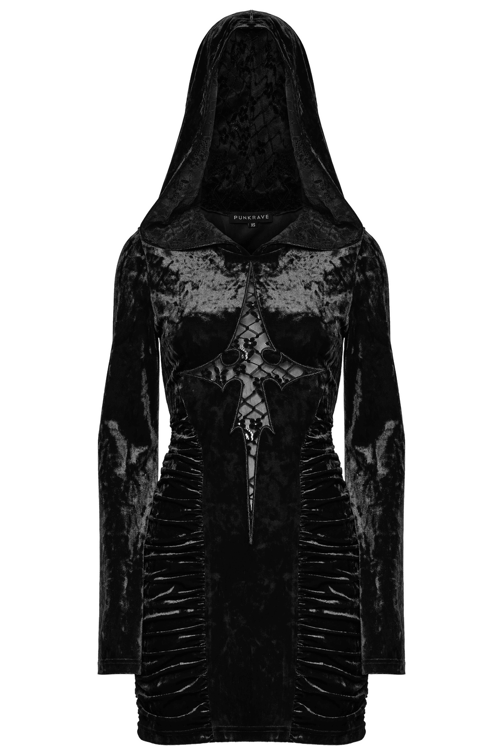Black velvet lace cross dress with hood and ruched waist, featuring intricate lace design and fitted silhouette.