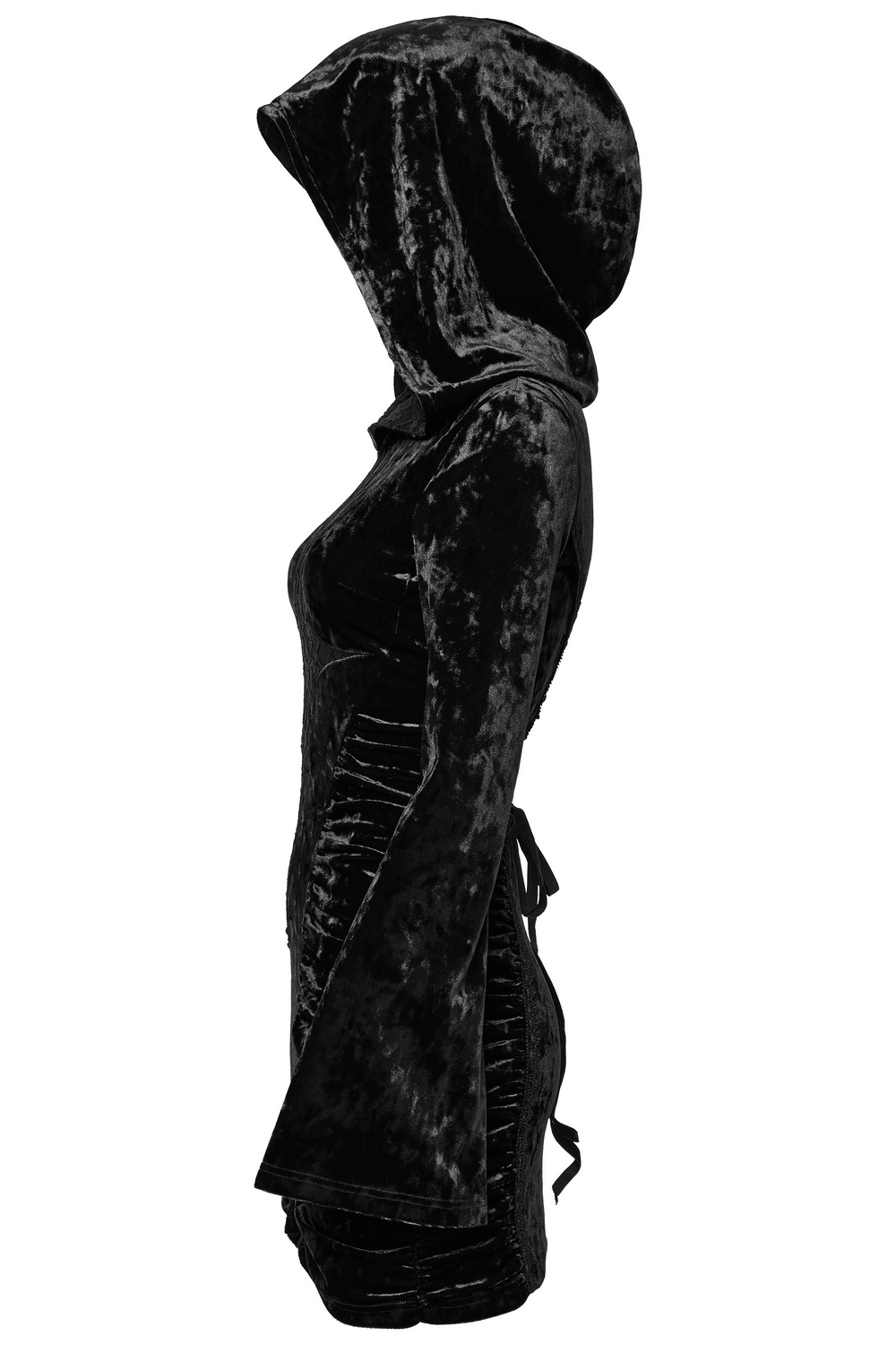 Black velvet lace cross dress with hood and ruched waist, showcasing a fitted silhouette and elegant design.