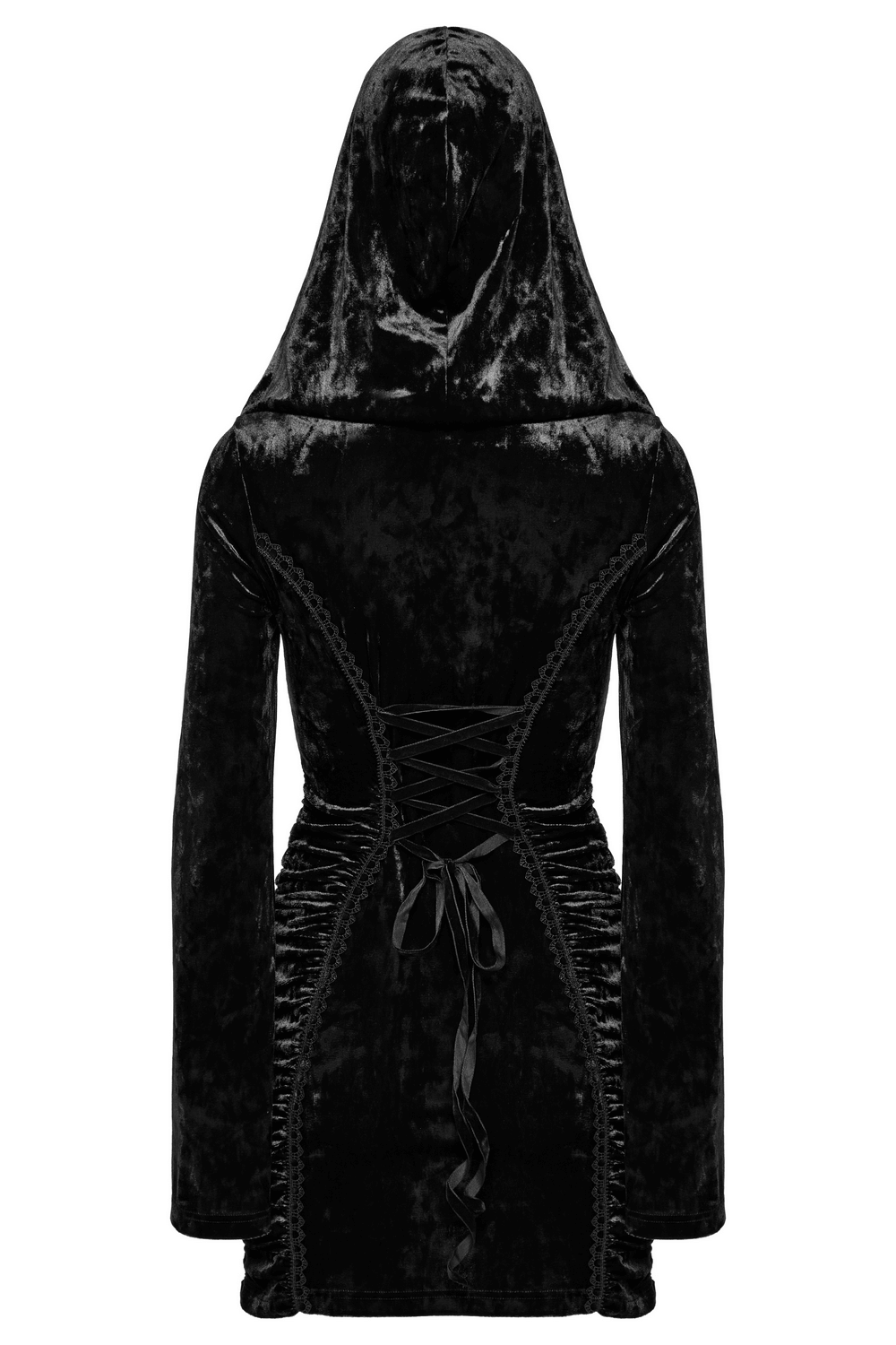 Black velvet lace cross dress with hood, ruched waist, and elegant lace detailing, perfect for gothic style.