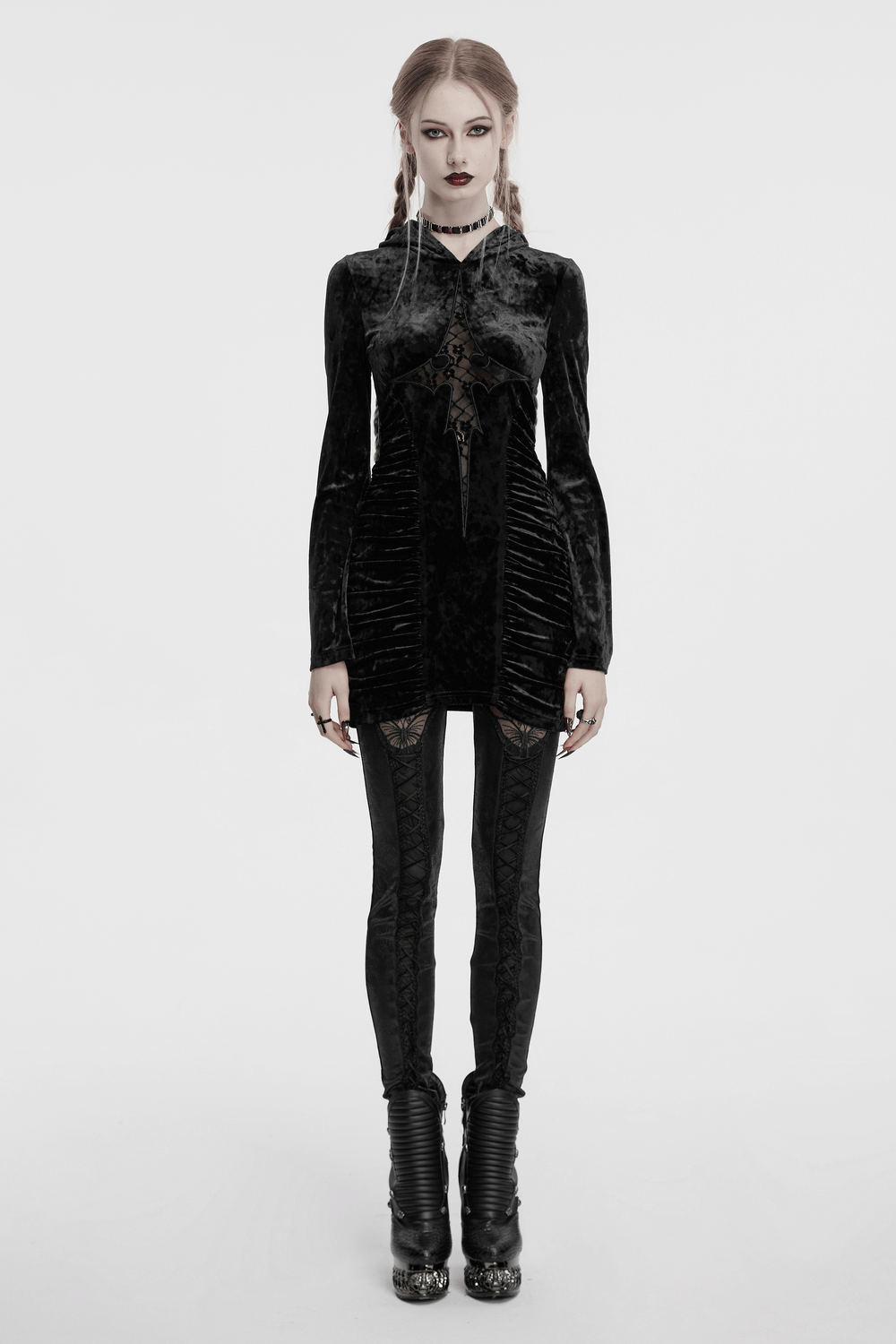 Black velvet lace cross dress with hood, ruched waist, and gothic details, perfect for alternative fashion.
