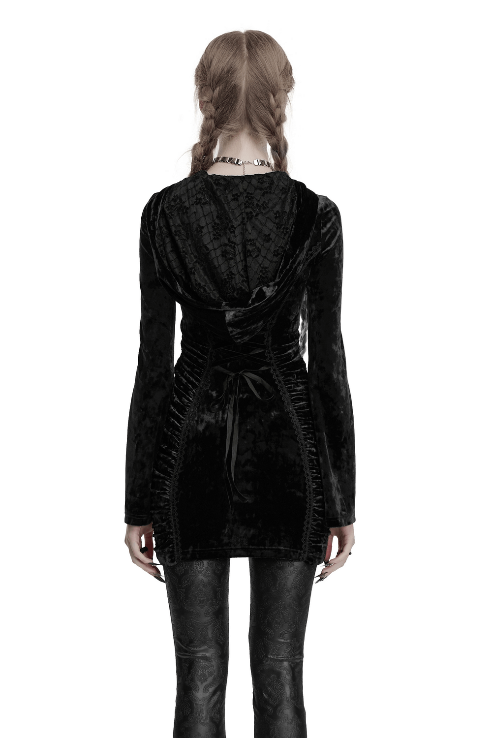 Back view of black velvet lace dress with hood, ruched waist, and intricate lace detail, perfect for gothic style.