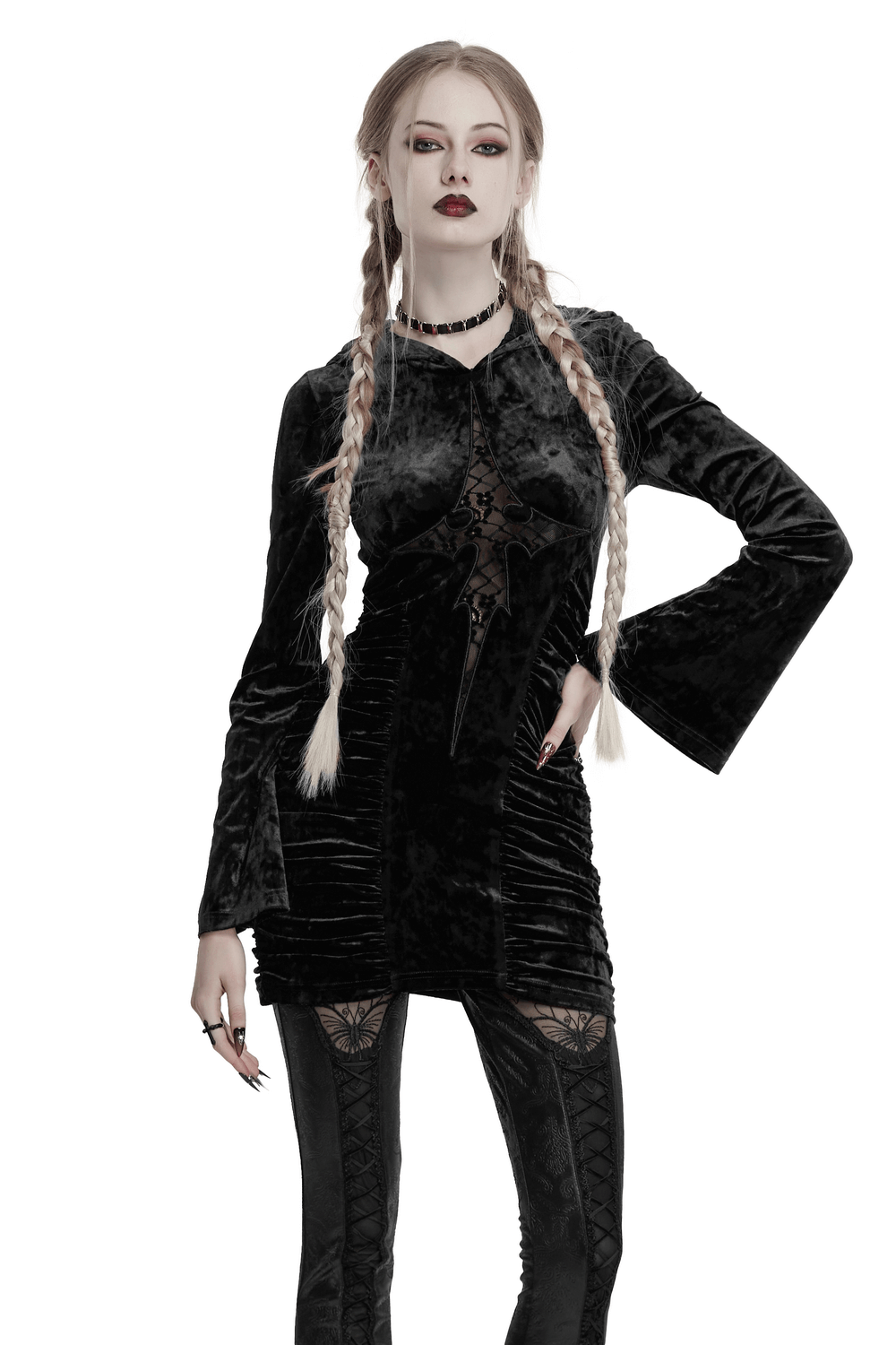 Gothic black velvet lace cross dress with hood, ruched waist, and intricate lace design, perfect for alternative fashion lovers.