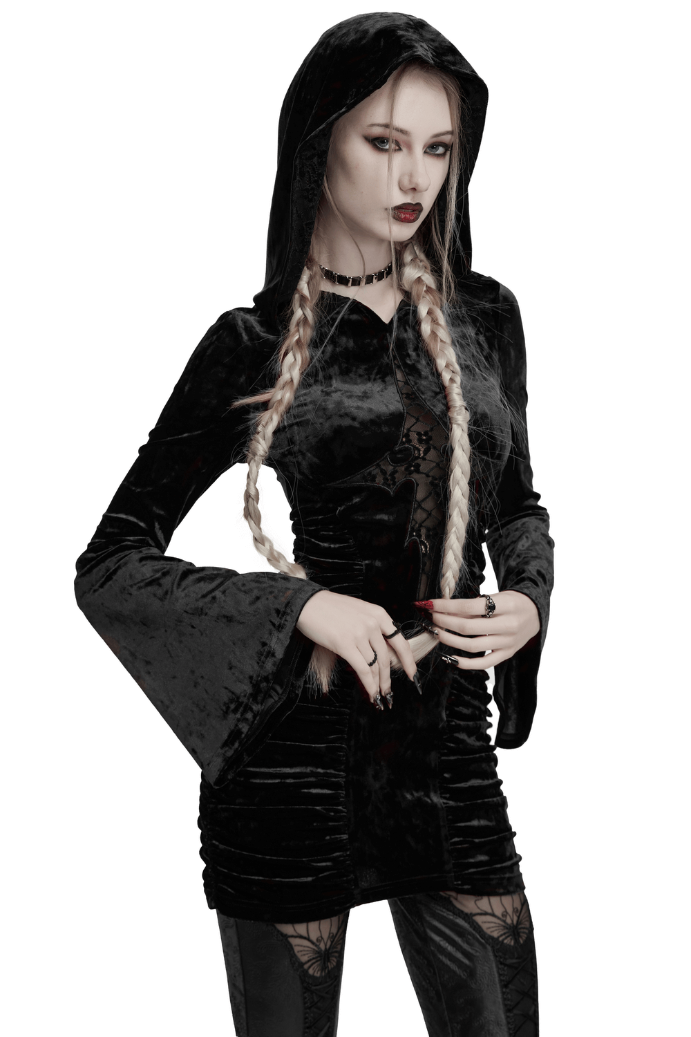 Gothic black velvet lace dress with hood and ruched silhouette, perfect for an alternative style.