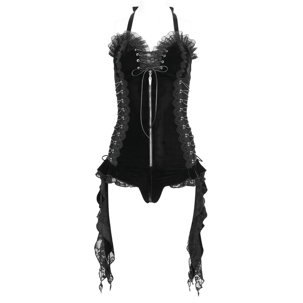 Edgy black velvet lace trim halter bodysuit with adjustable straps and ruffled accents for a stylish, seductive look.