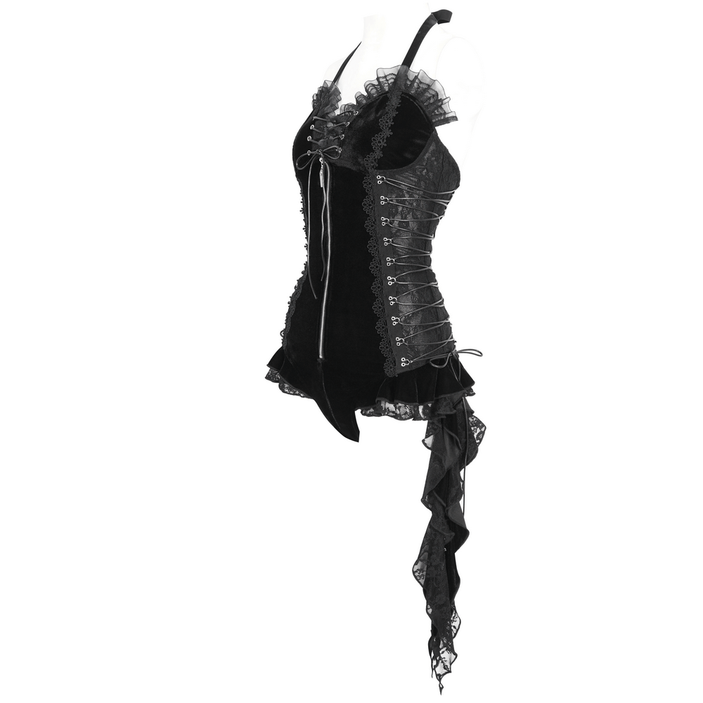 Edgy black velvet lace trim halter bodysuit with stylish lace-up detailing and flowing accents.