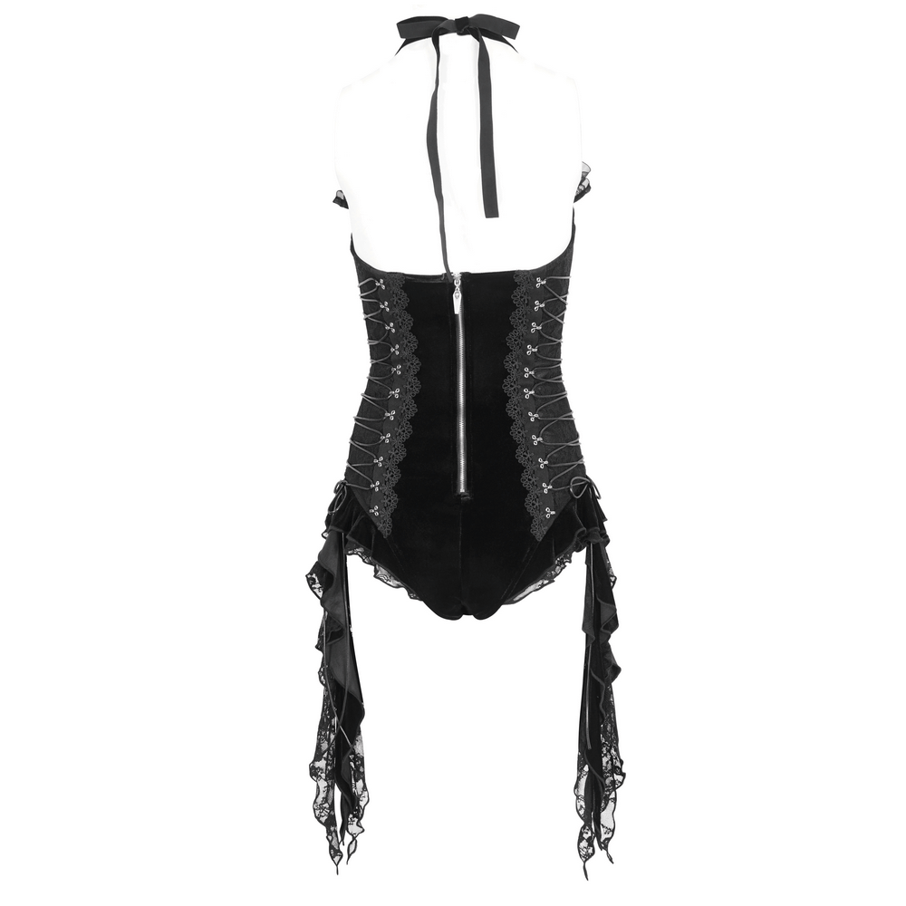 Back view of a black velvet lace trim halter bodysuit with lace accents and adjustable straps.