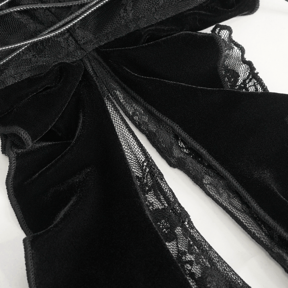 Black Velvet Lace Trim Halter Bodysuit Lingerie