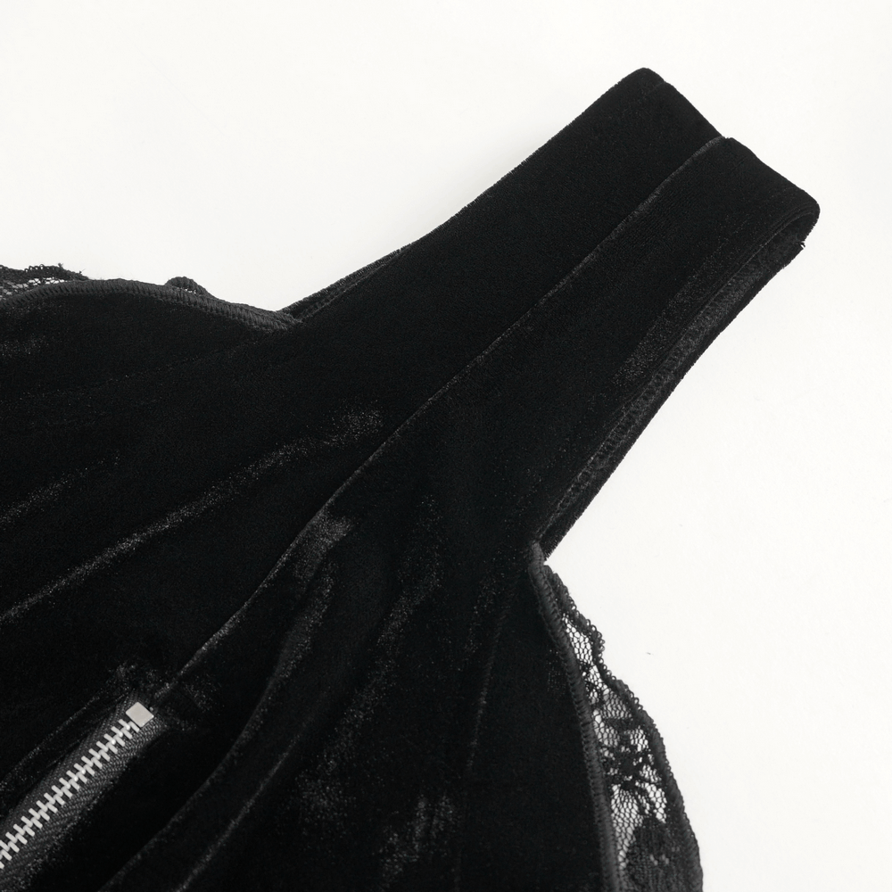 Black Velvet Lace Trim Halter Bodysuit Lingerie
