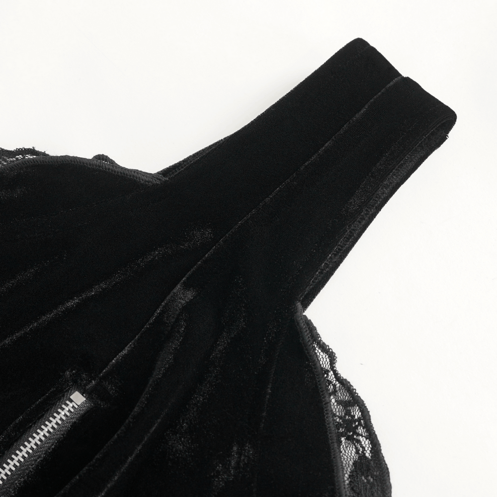 Close-up of the luxurious black velvet halter bodysuit with delicate lace trim, showcasing its stylish design and adjustable straps.