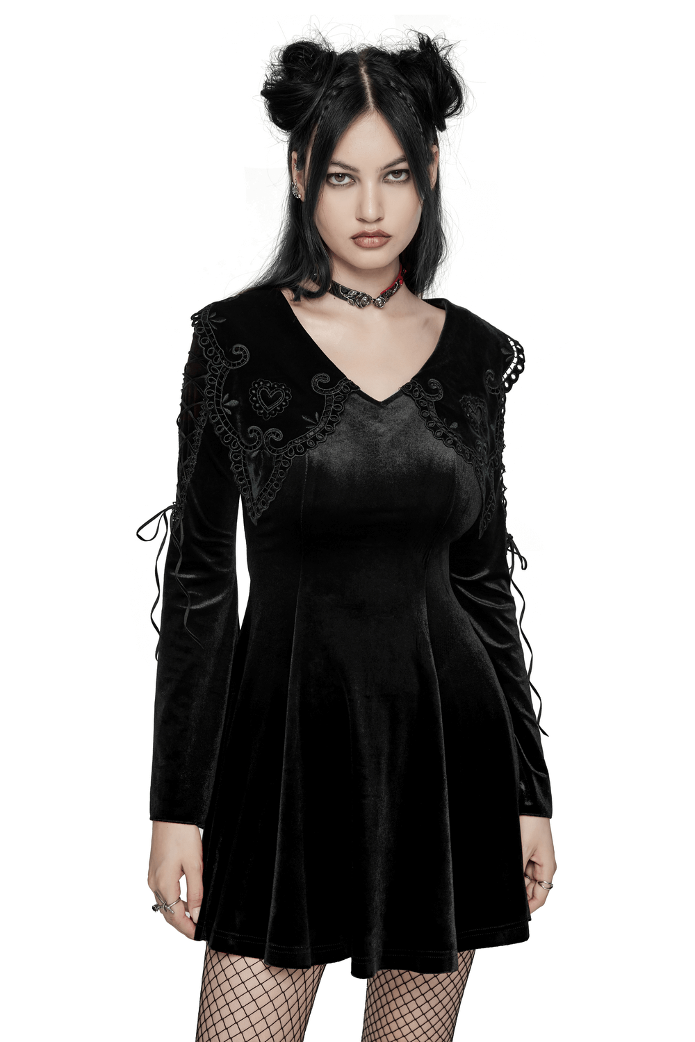 Gothic black velvet dress with flared sleeves and lace details, perfect for a stylish, edgy look.
