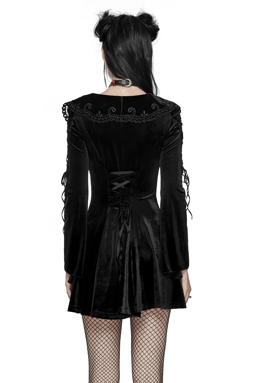 Back view of a black velvet dress with gothic lace details and flared sleeves, featuring a drawstring and side zipper.