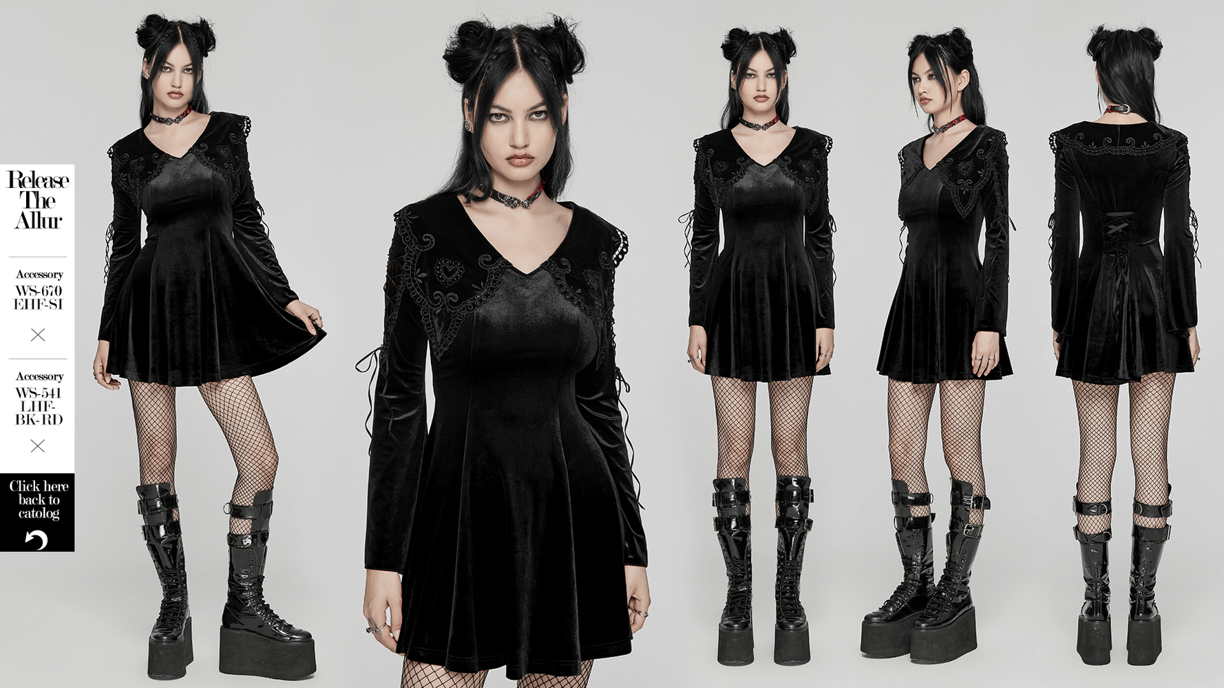 Black velvet lace-up dress with Gothic appliques, flared sleeves, and heart-shaped collar, perfect for a stylish gothic look.