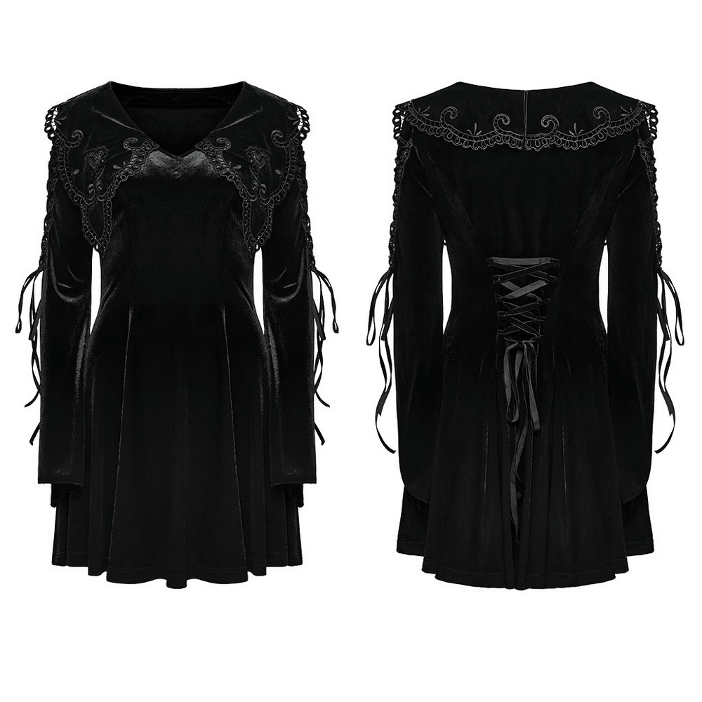 Elegant black velvet lace-up dress with gothic applique, flared sleeves, and heart-shaped hollow collar.