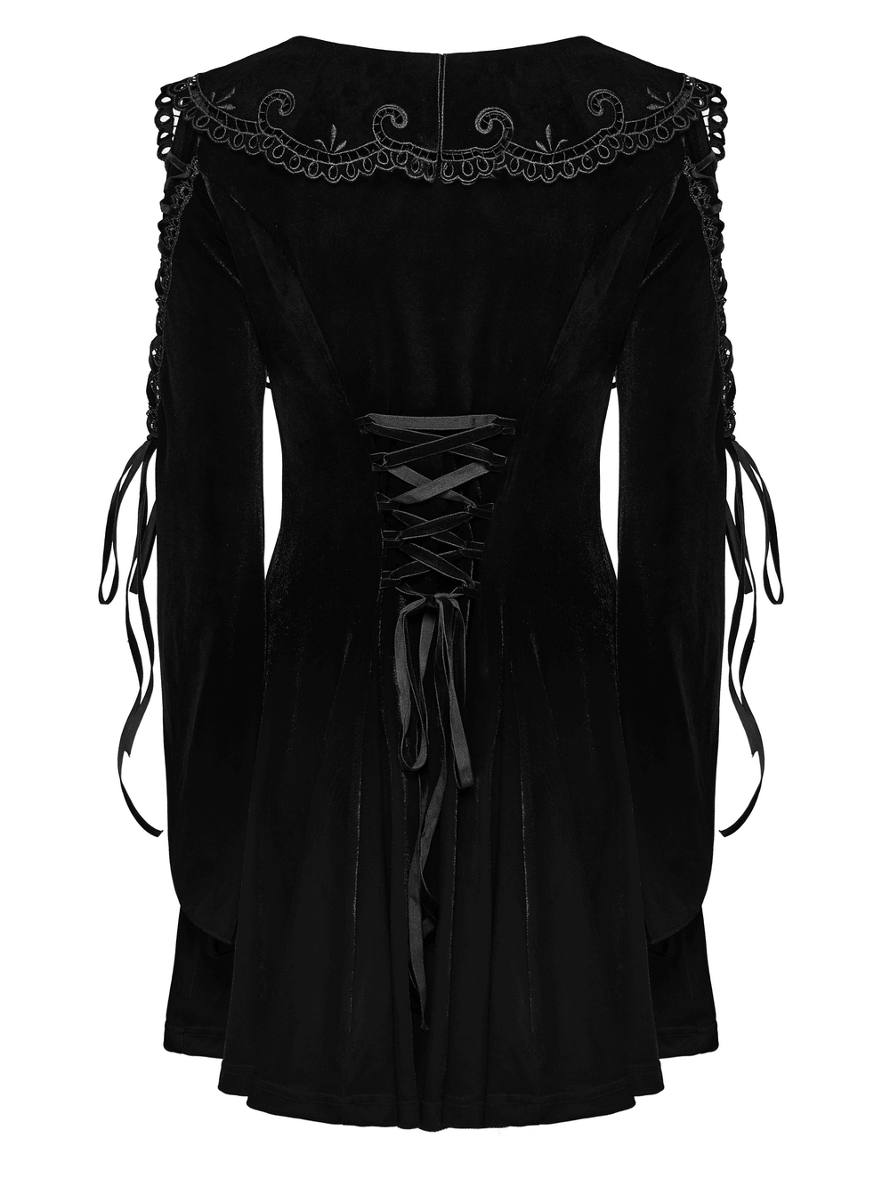 Back view of black velvet Gothic dress with lace-up design and flared sleeves, featuring intricate applique details.