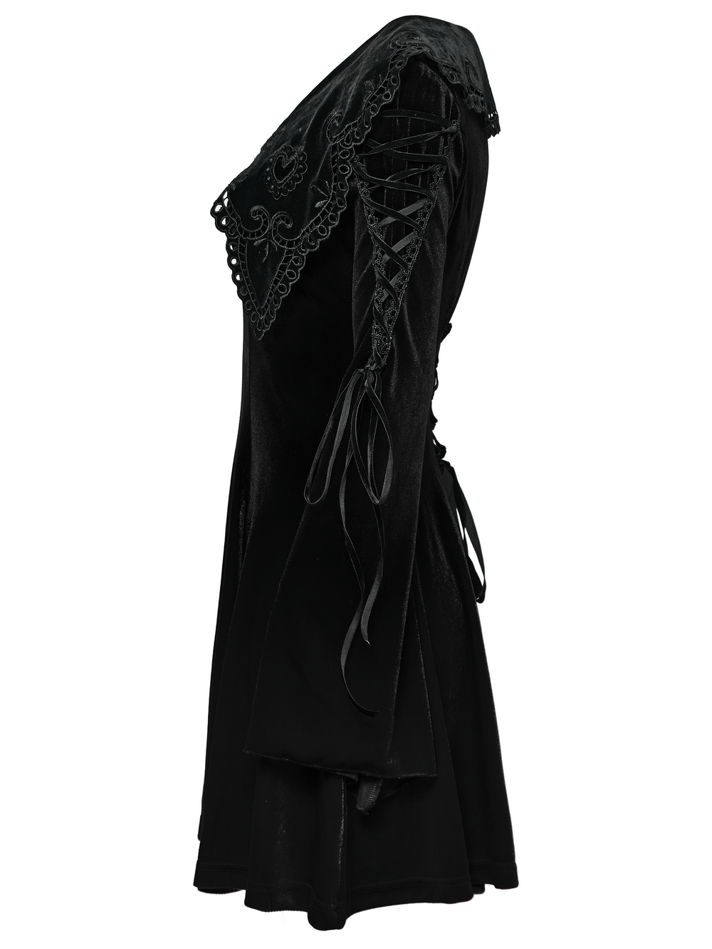 Black velvet lace-up gothic dress with intricate lace detail and flared sleeves for a flowing silhouette.