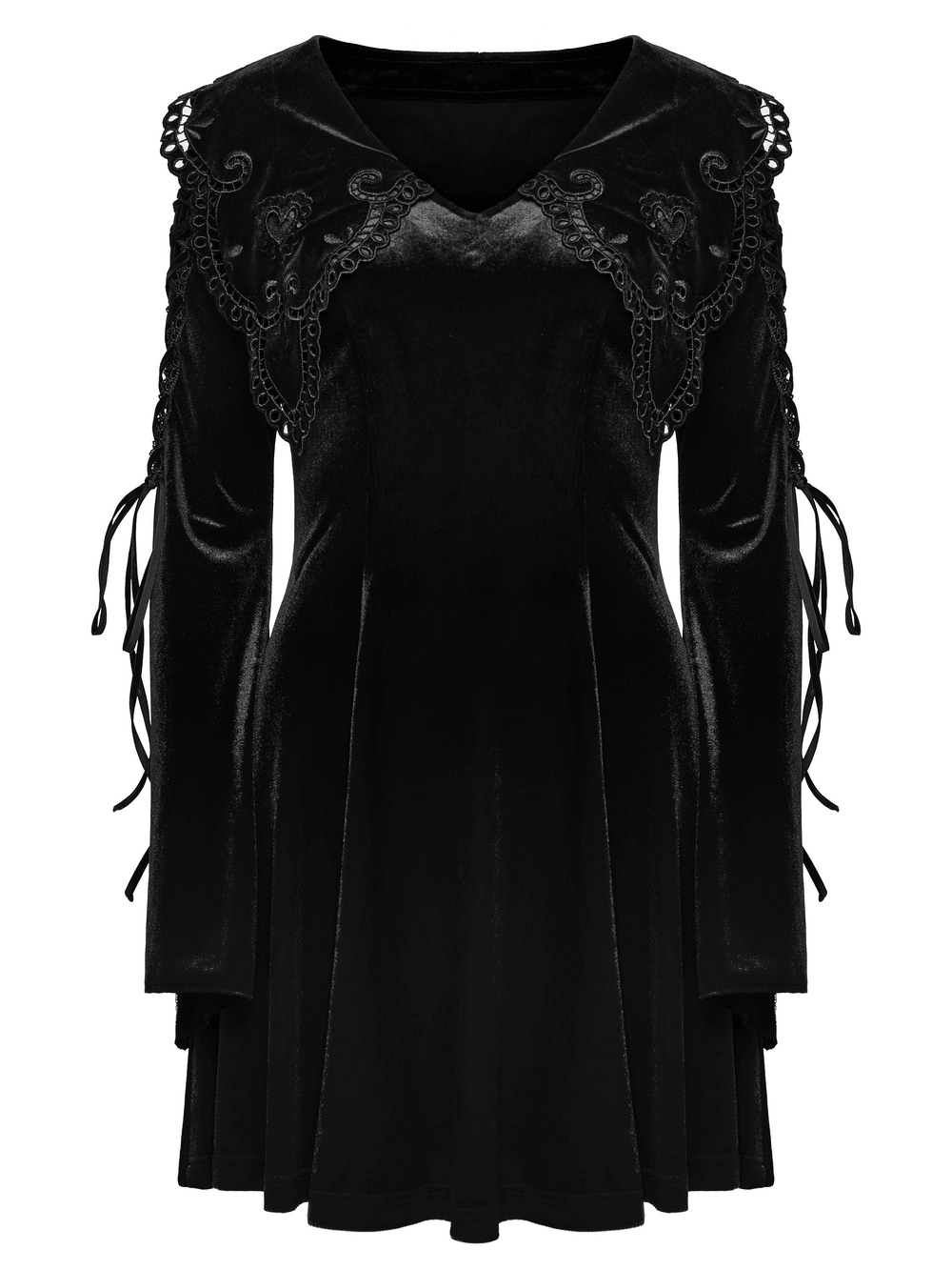 Black velvet lace-up dress with gothic applique, flared sleeves, and intricate lace straps for a dramatic silhouette.