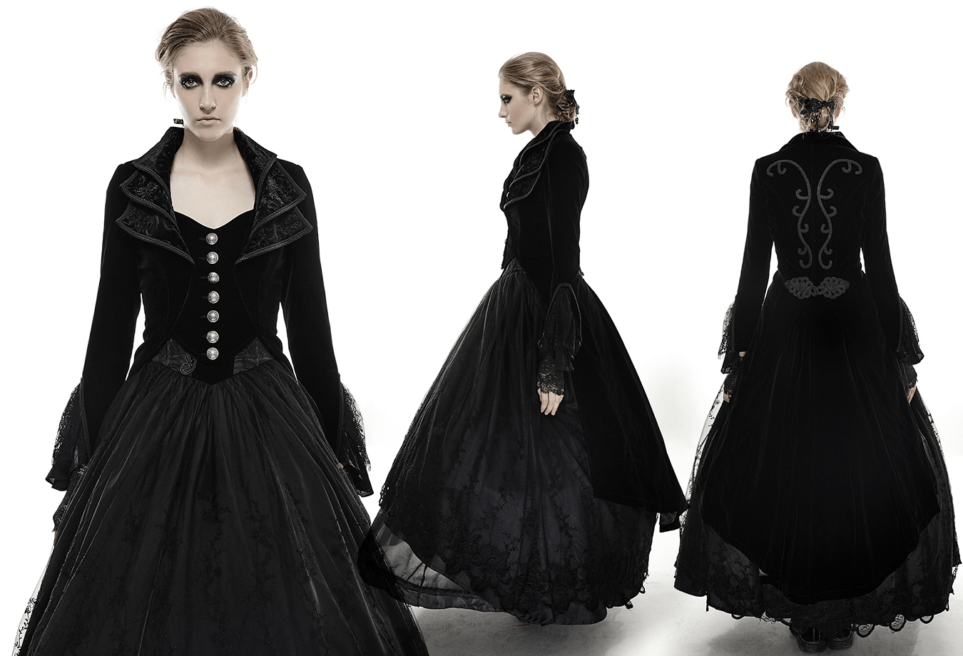Gothic black velvet long trench coat with cascading collar and unique back design, perfect for elegant styles.