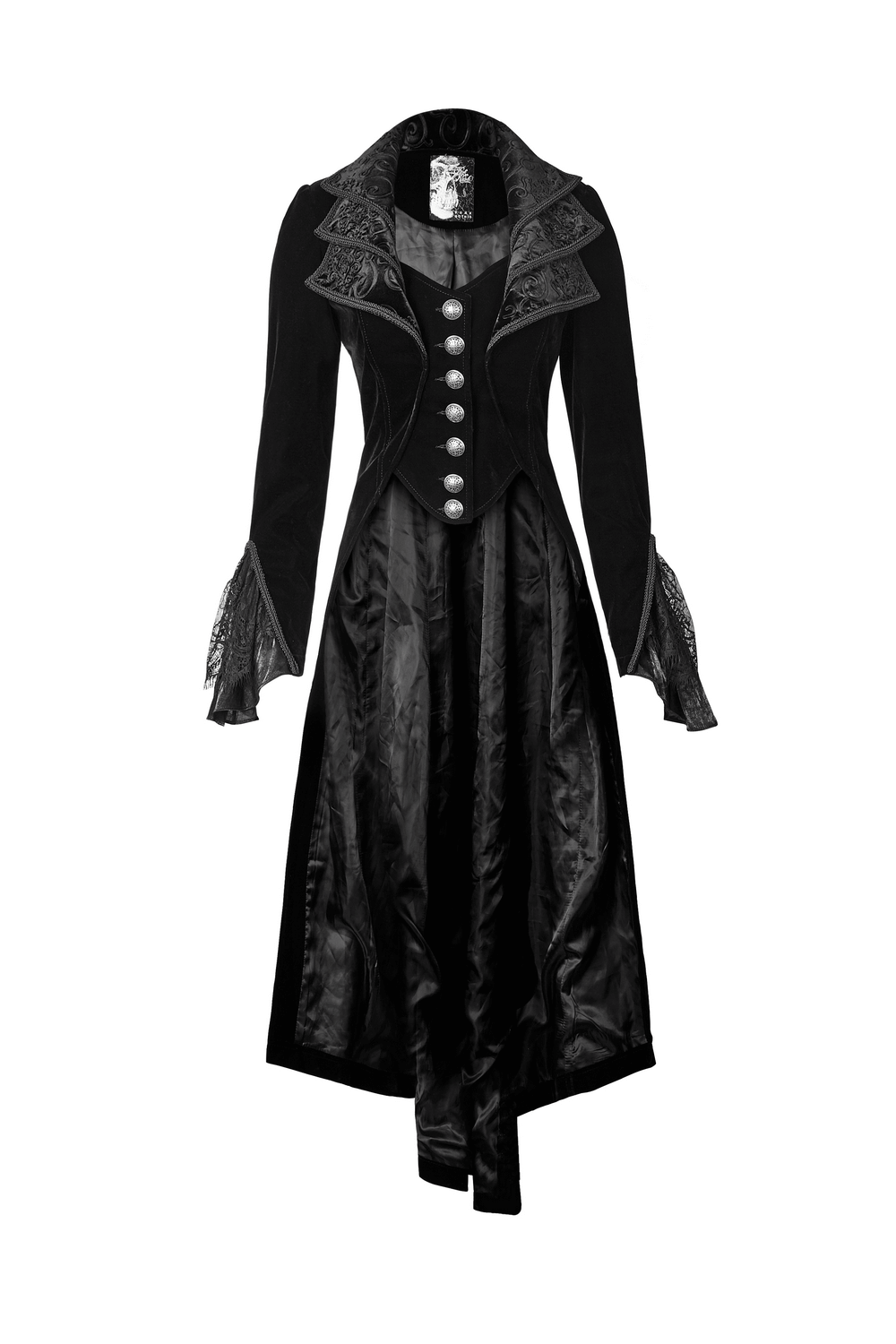 Black velvet Gothic long trench coat with cascading collar and lace details, embodying vintage elegance.