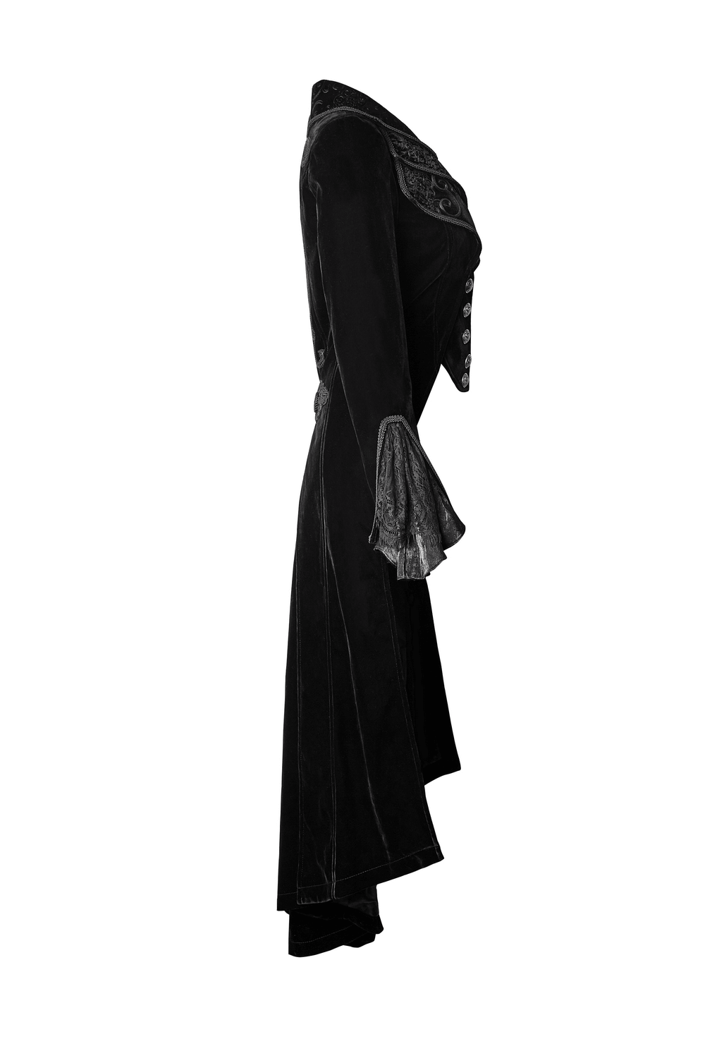 Black velvet gothic trench coat with a cascading collar and unique back design.