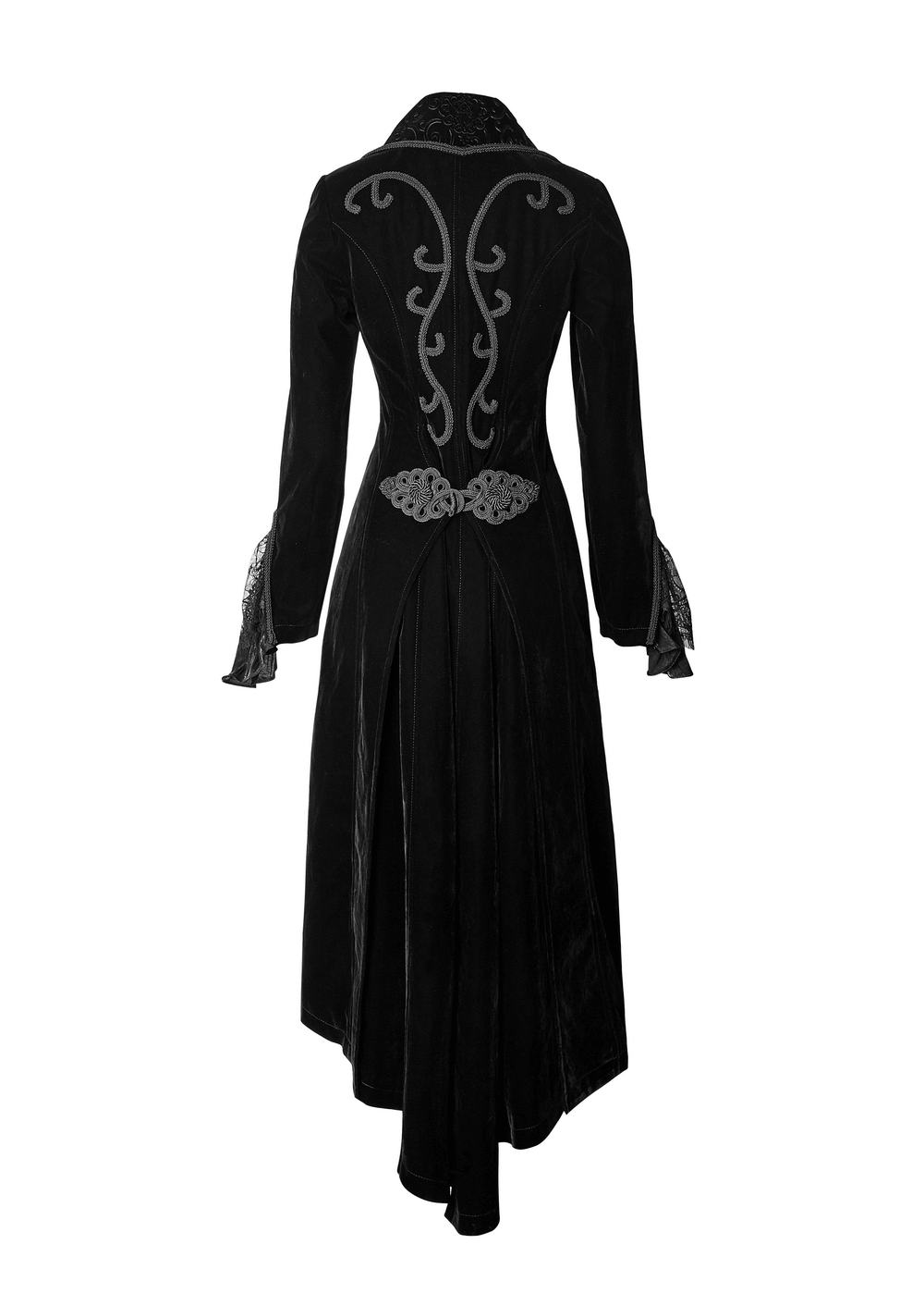 Back view of a black velvet gothic long trench coat with cascading collar and intricate wave design.