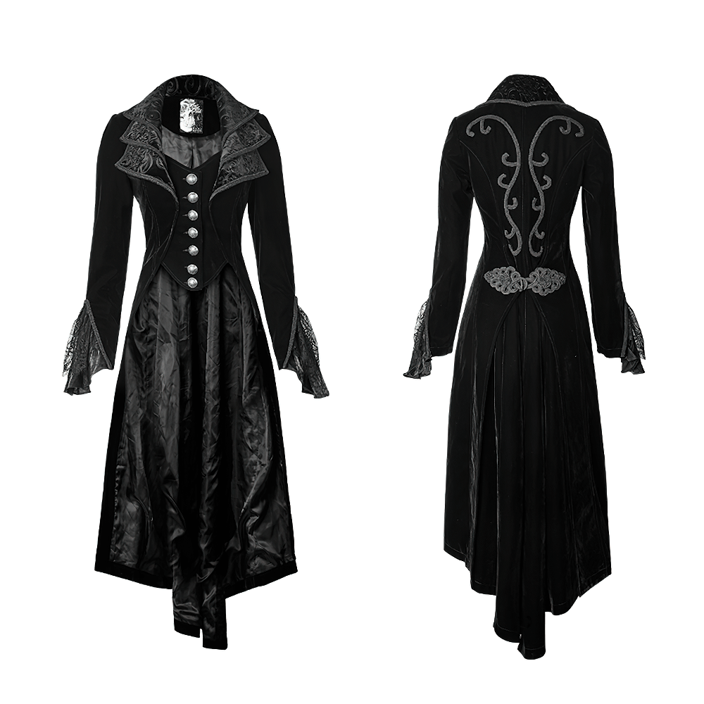 Black velvet Gothic long trench coat with cascading collar and unique back design, perfect for elegant, vintage-inspired looks.
