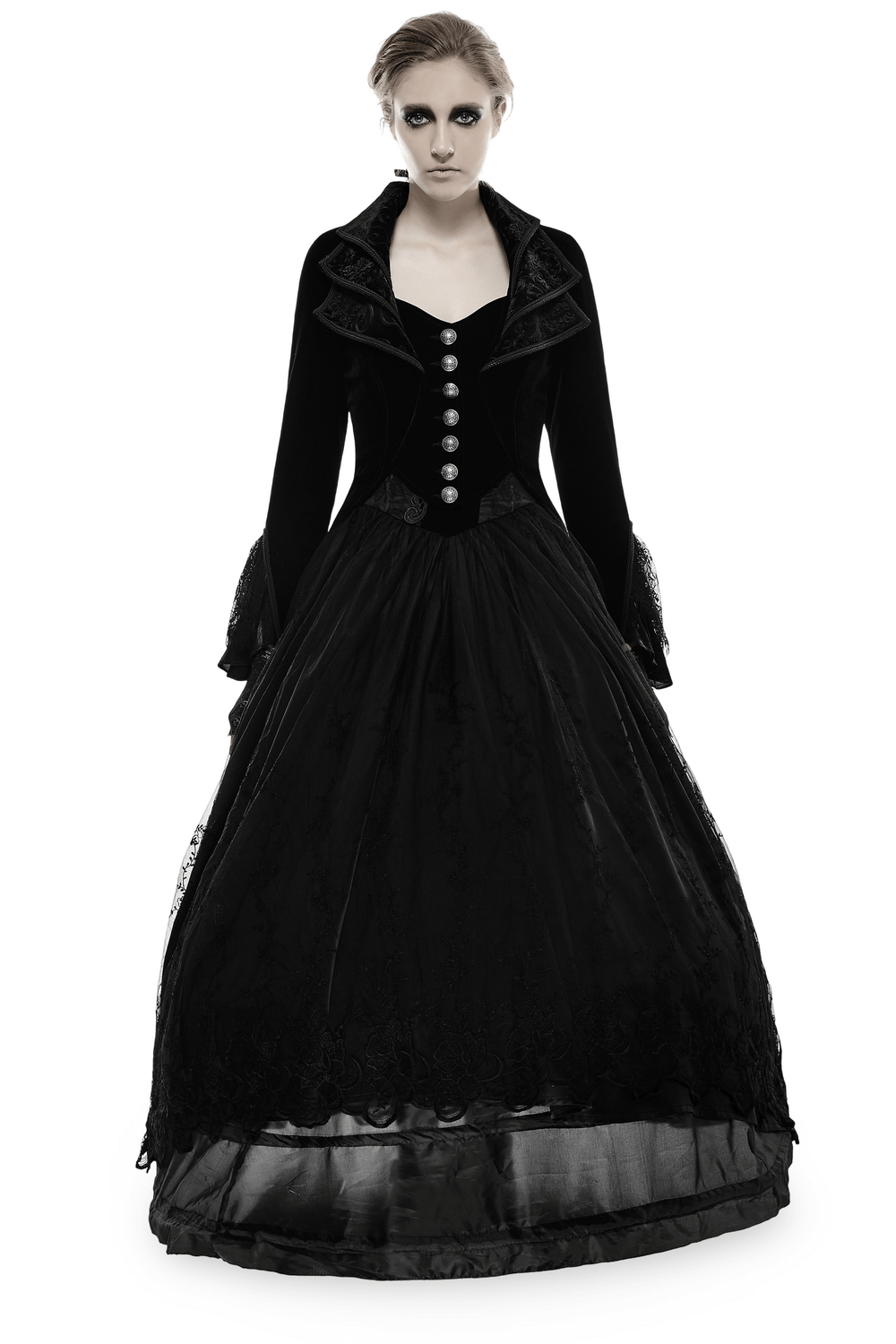 Elegant black velvet gothic trench coat with cascading collar, featuring intricate back wave design and vintage allure.