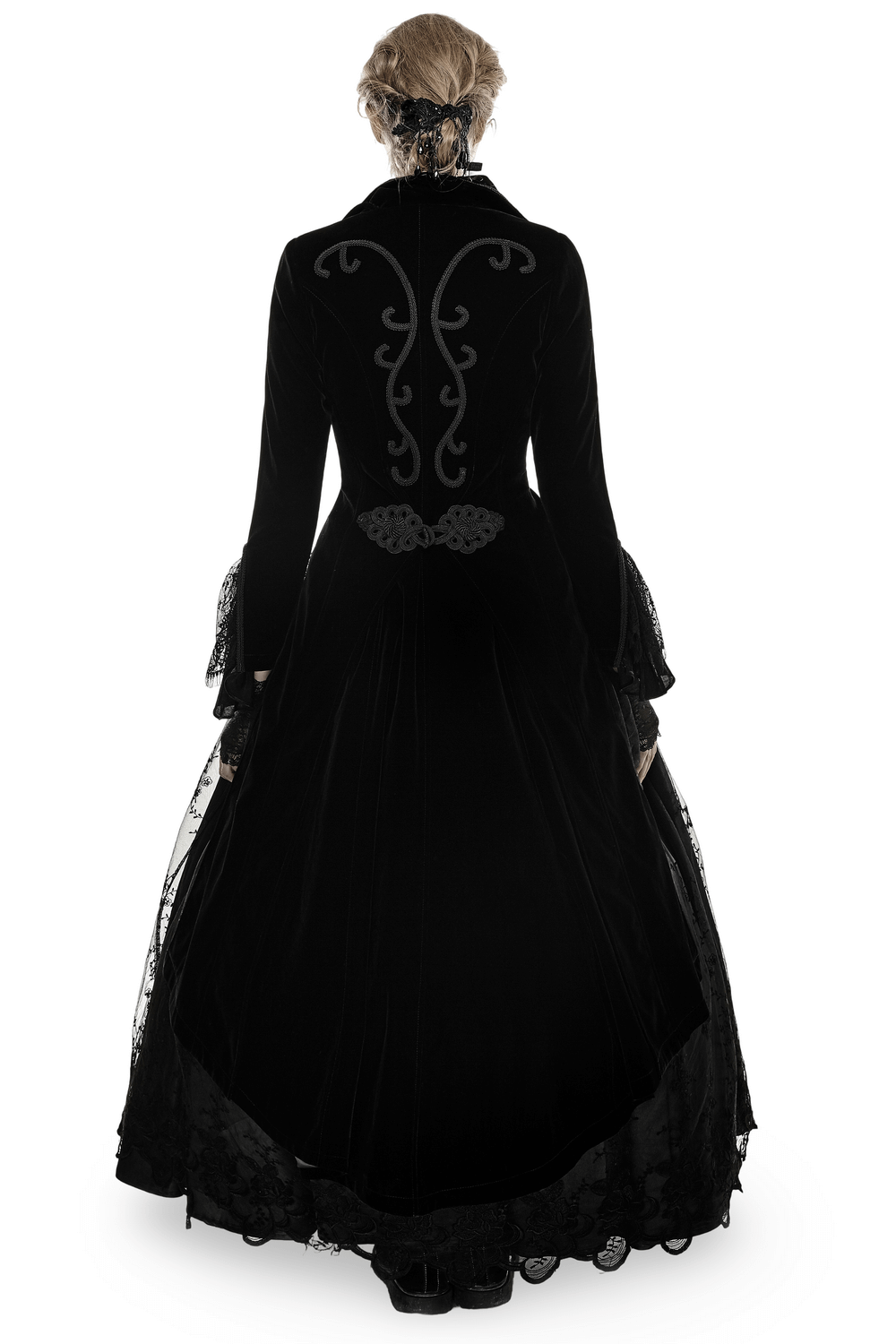 Elegant back view of a black velvet Gothic long trench coat with cascading collar and intricate detailing.