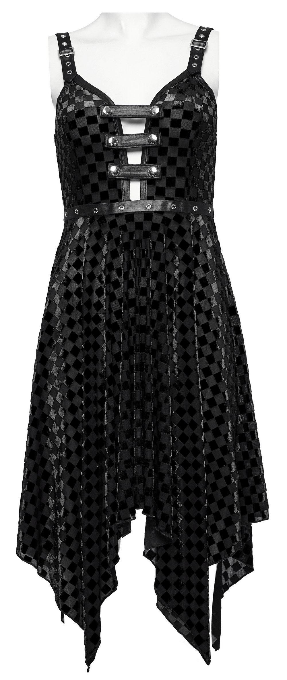 Black Velvet Plaid Asymmetrical Dress with Front Chest Loops