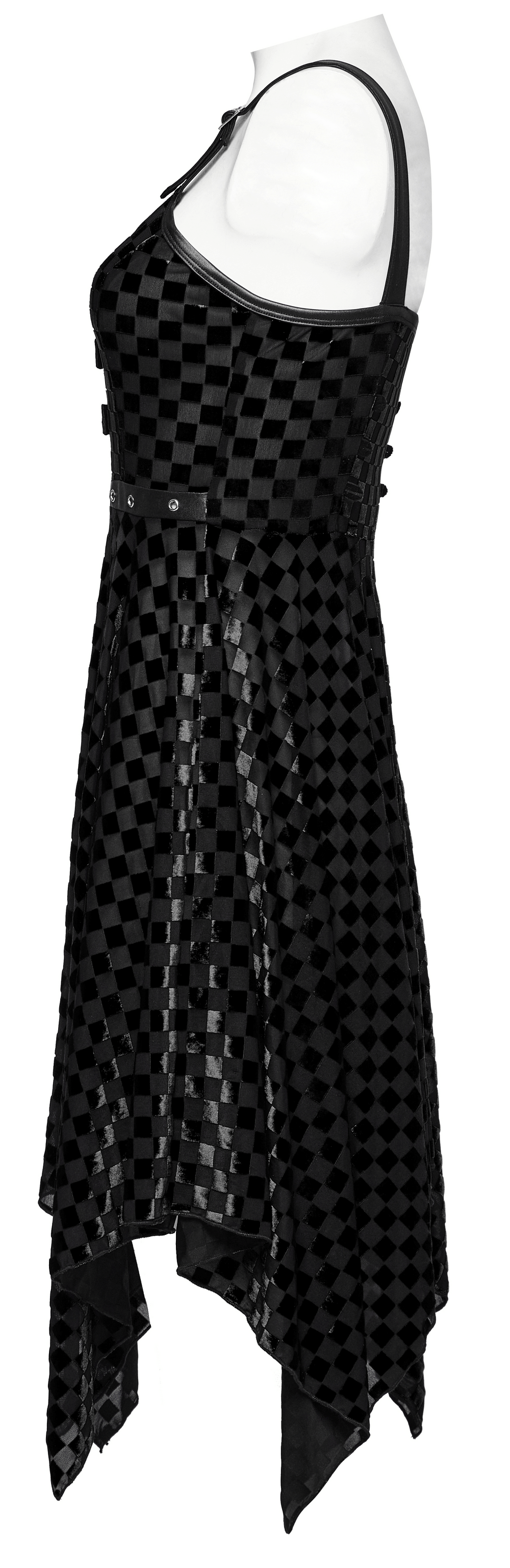 Black Velvet Plaid Asymmetrical Dress with Front Chest Loops
