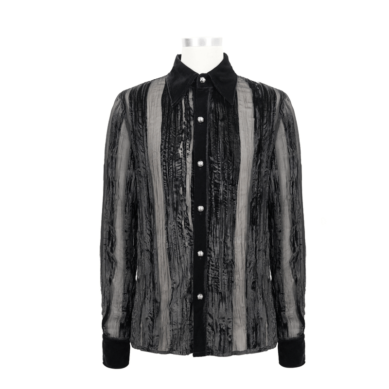 Men's black velvet shirt with transparent stripes and silver buttons, perfect for gothic elegance.