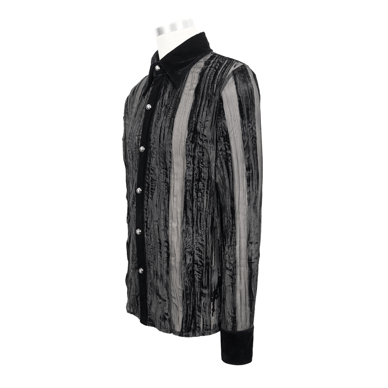 Gothic black velvet shirt with transparent stripes and silver buttons, stylish men's clothing for a unique look.