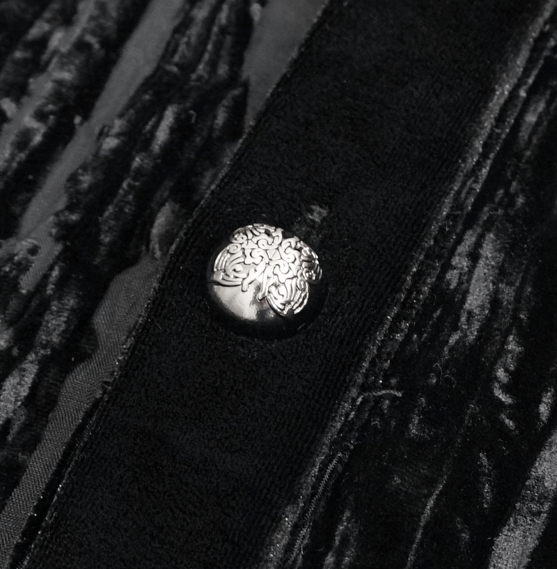 Close-up of a black velvet shirt showcasing silver button and transparent stripes, perfect for gothic style. Elegant detail.