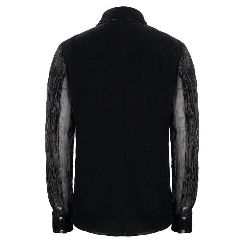 Back view of men's black velvet shirt with transparent striped sleeves and silver buttons, gothic elegant style.