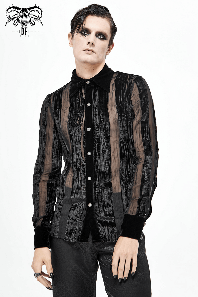 Gothic stylish men's black velvet shirt with transparent stripes and silver buttons, perfect for a bold fashion statement.