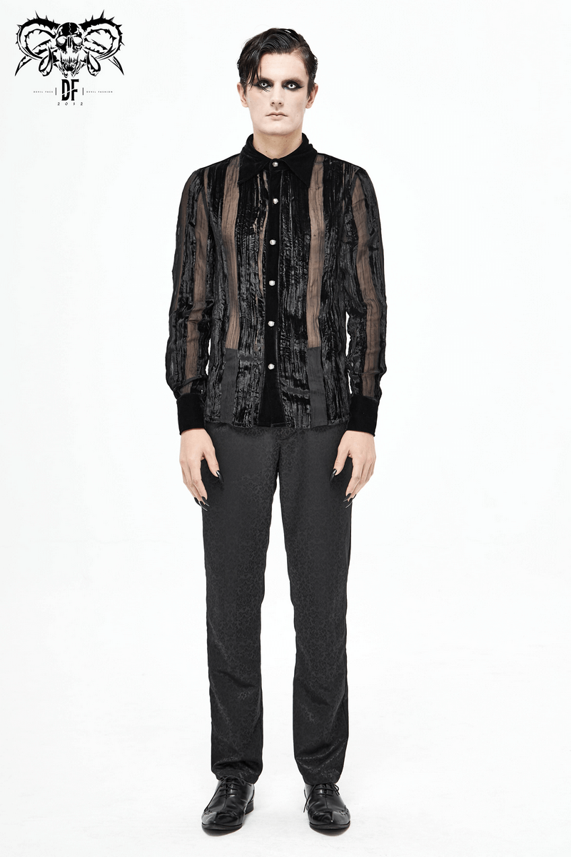 Gothic black velvet shirt with transparent stripes and silver buttons, perfect for stylish men's fashion.