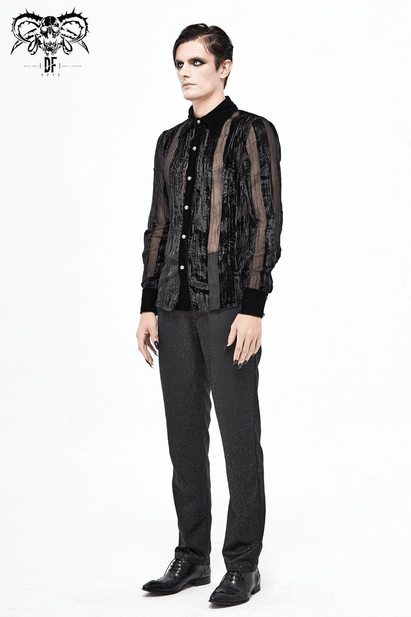 Men's black velvet shirt with transparent stripes and silver buttons, perfect for gothic stylish looks.