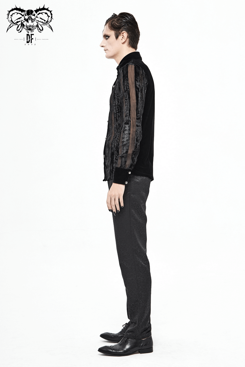 Black Velvet Shirt with Transparent Stripes / Gothic Elegant Shirt with Silver Buttons - HARD'N'HEAVY