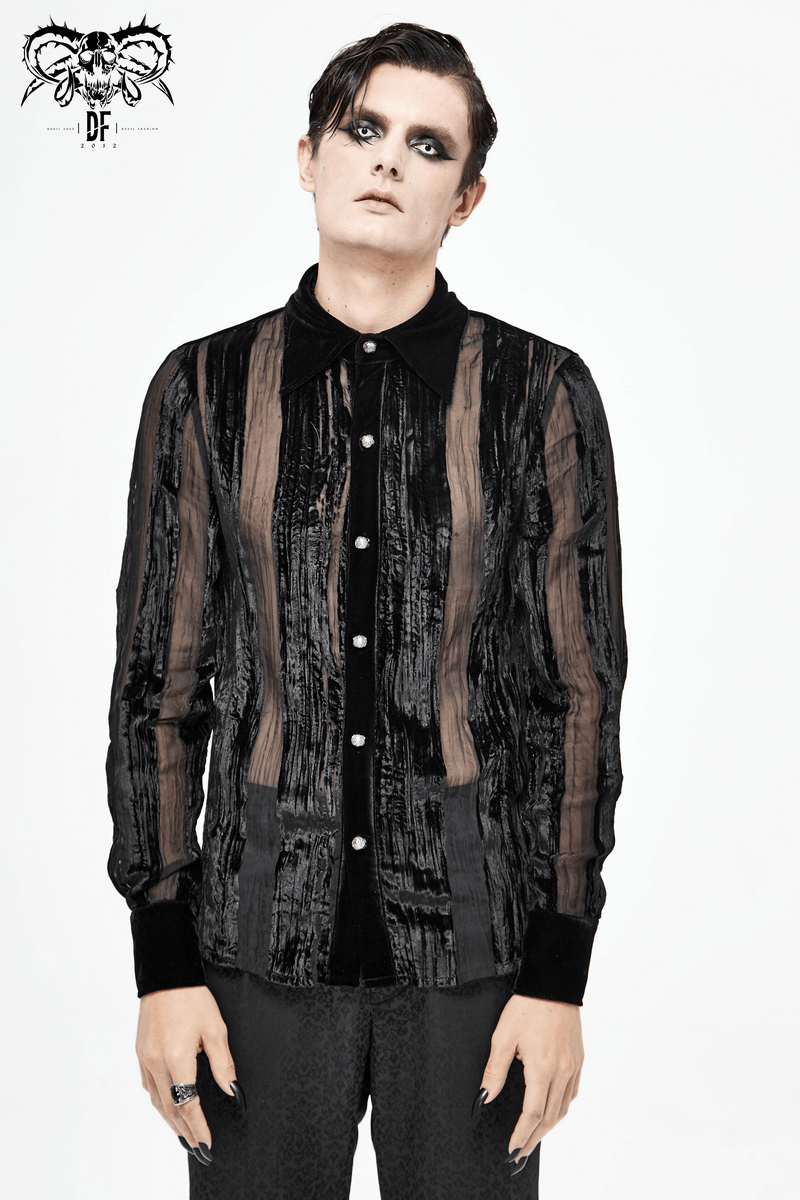 Gothic black velvet shirt with transparent stripes and silver buttons for men, stylish vintage design.