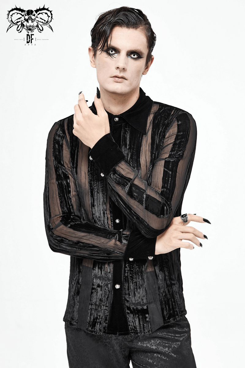 Men's black velvet shirt with transparent stripes, gothic style, featuring silver buttons and vintage cut.