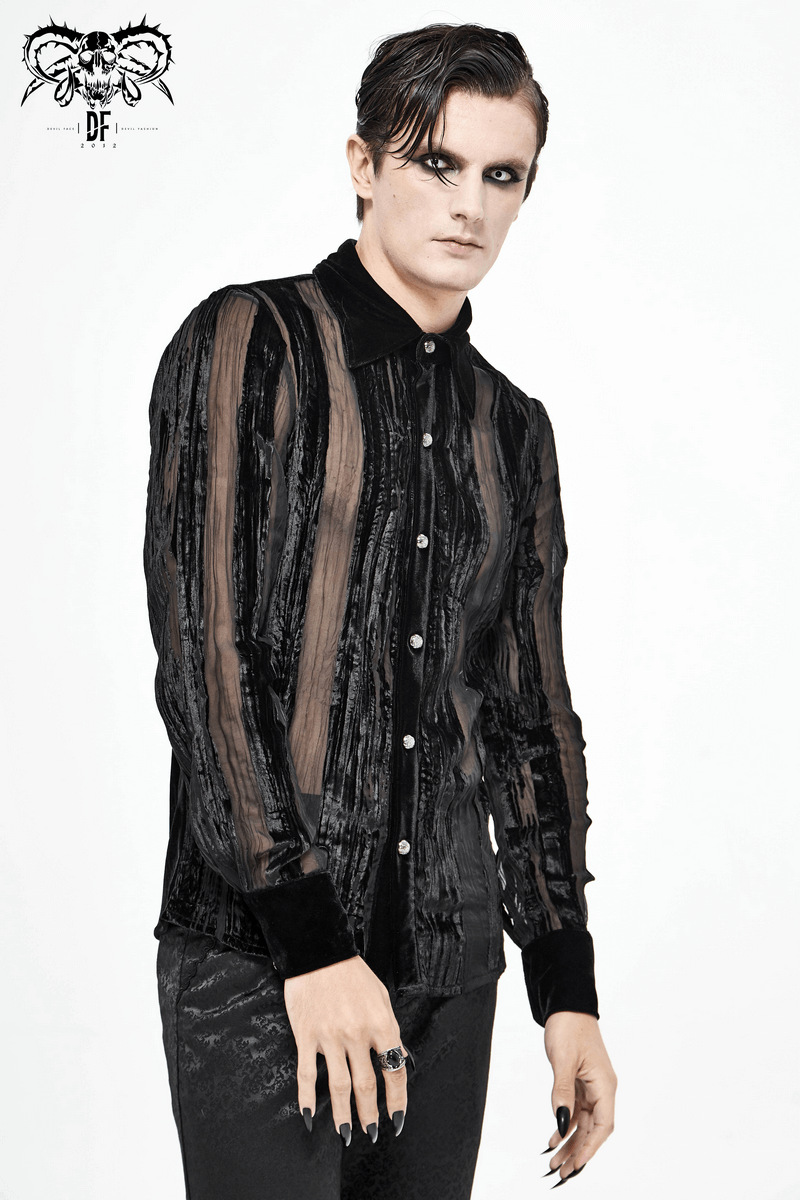 Men's black velvet shirt with transparent stripes and silver buttons, perfect for gothic elegant style.