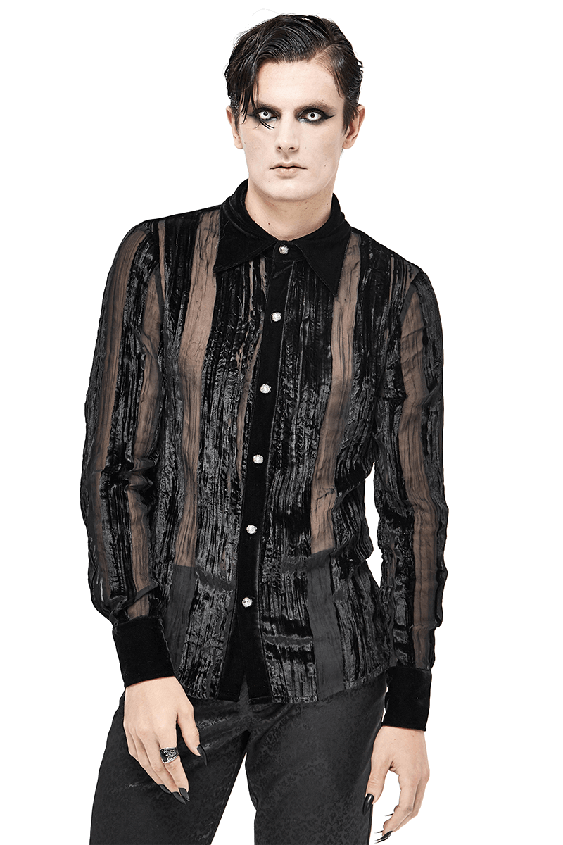 Stylish men's black velvet shirt with transparent stripes and silver buttons, perfect for gothic-inspired fashion.