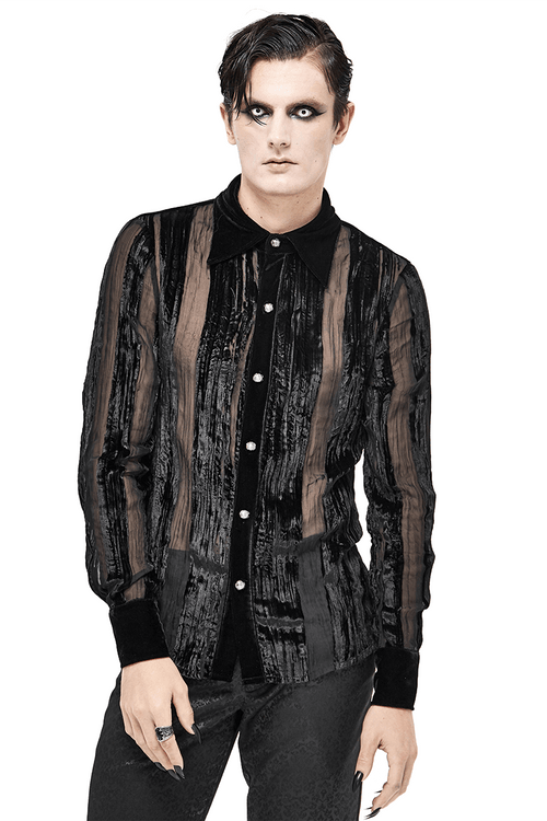Chemise en Velours Noir à Rayures Transparentes / Chemise Gothique Élégante à Boutons Argentés