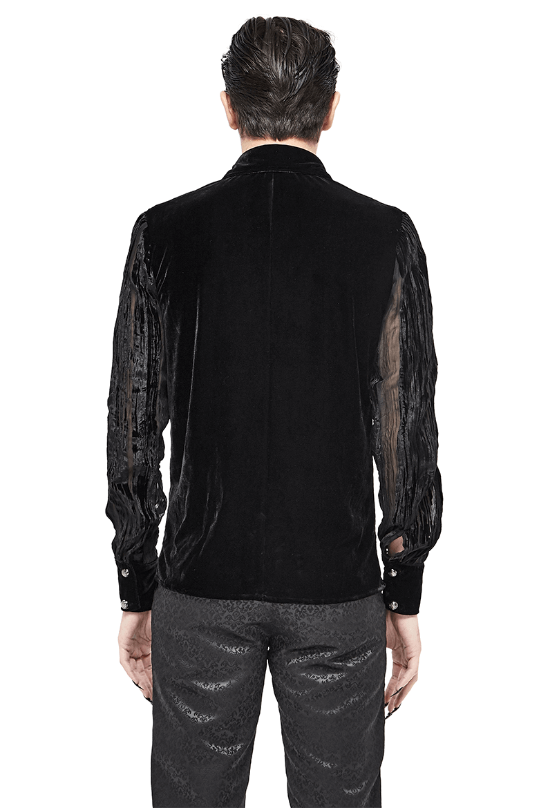 Back view of men's black velvet gothic shirt with transparent stripes and silver buttons, showcasing stylish elegance.