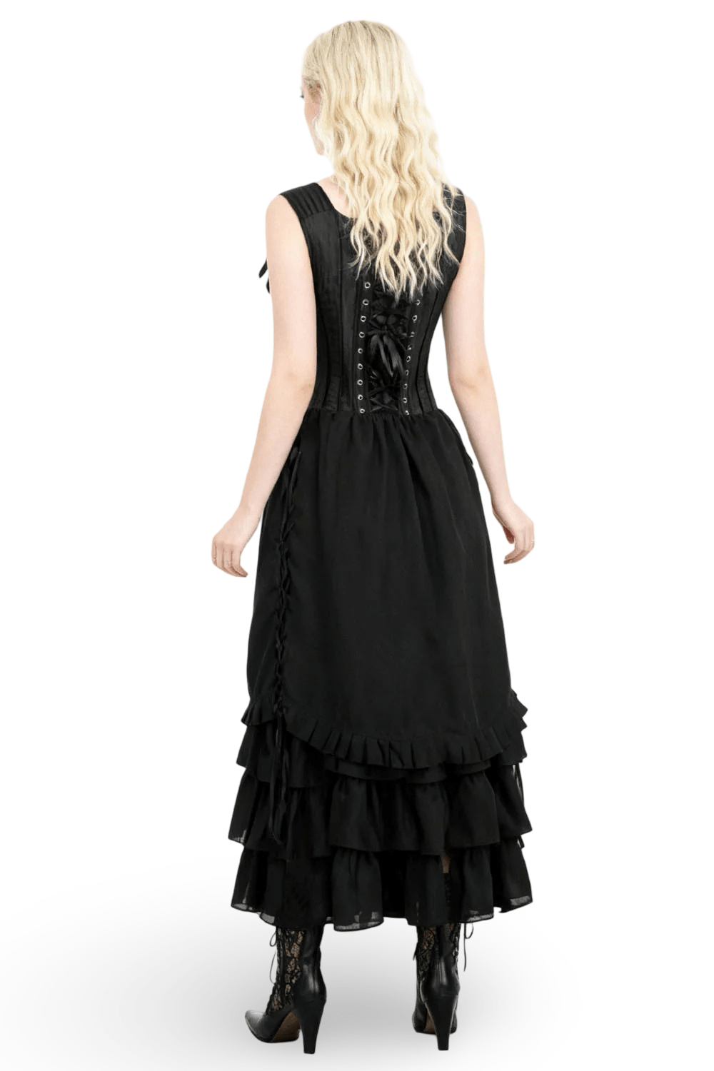 Black Victorian Corset Dress with Tiered Gothic Ruffle Skirt showcasing the lace-up bodice and dramatic tiered ruffle skirt.