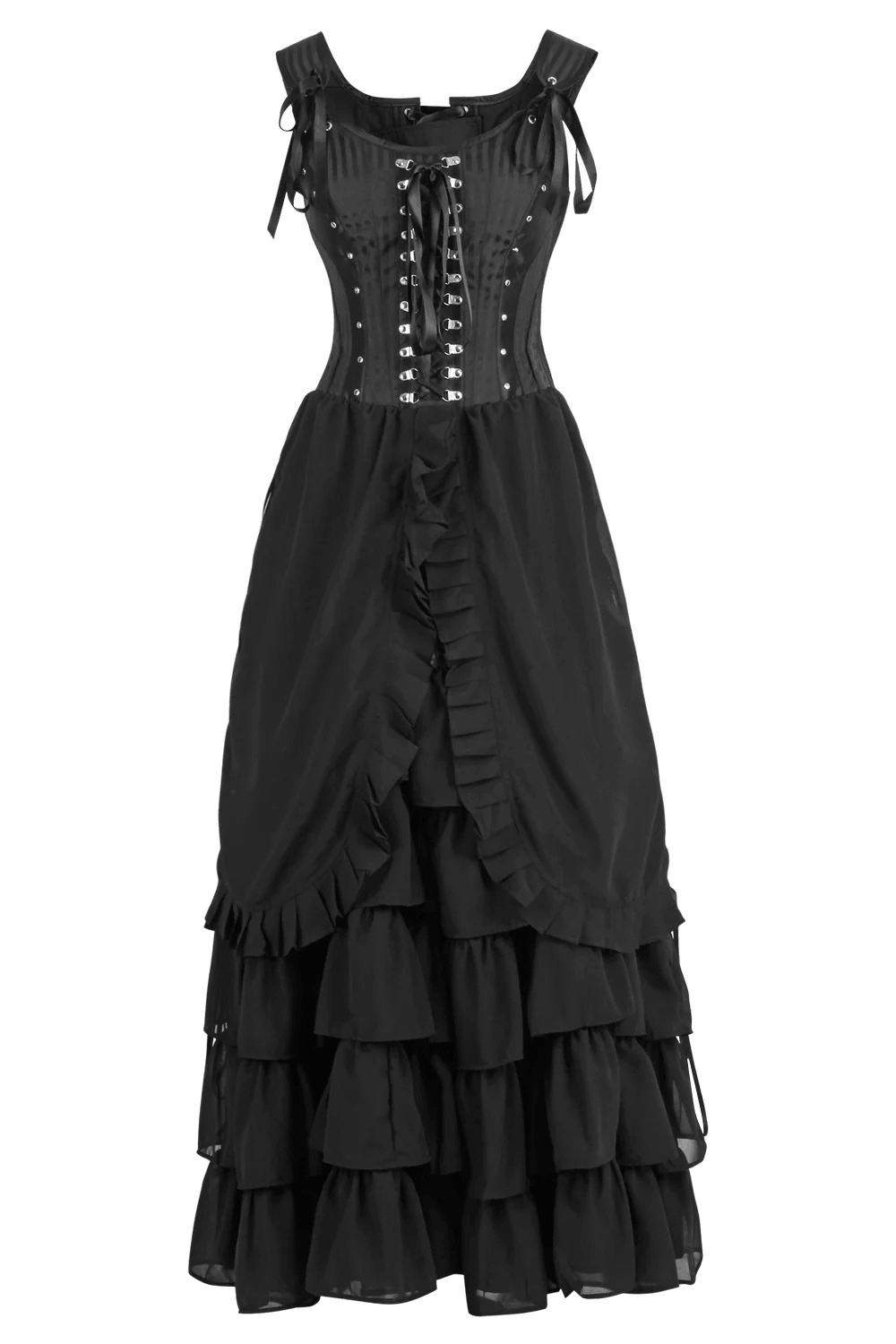 Black Victorian Corset Dress with Tiered Gothic Ruffle Skirt Black Victorian Corset Dress with Tiered Gothic Ruffle Skirt
