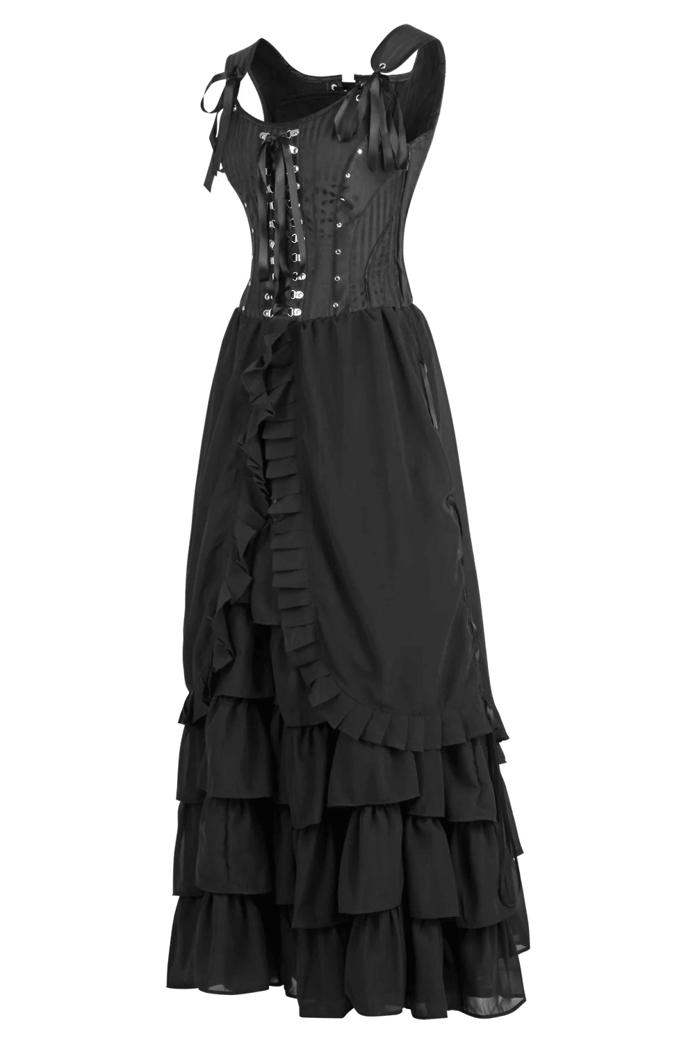 Black Victorian Corset Dress with Tiered Gothic Ruffle Skirt