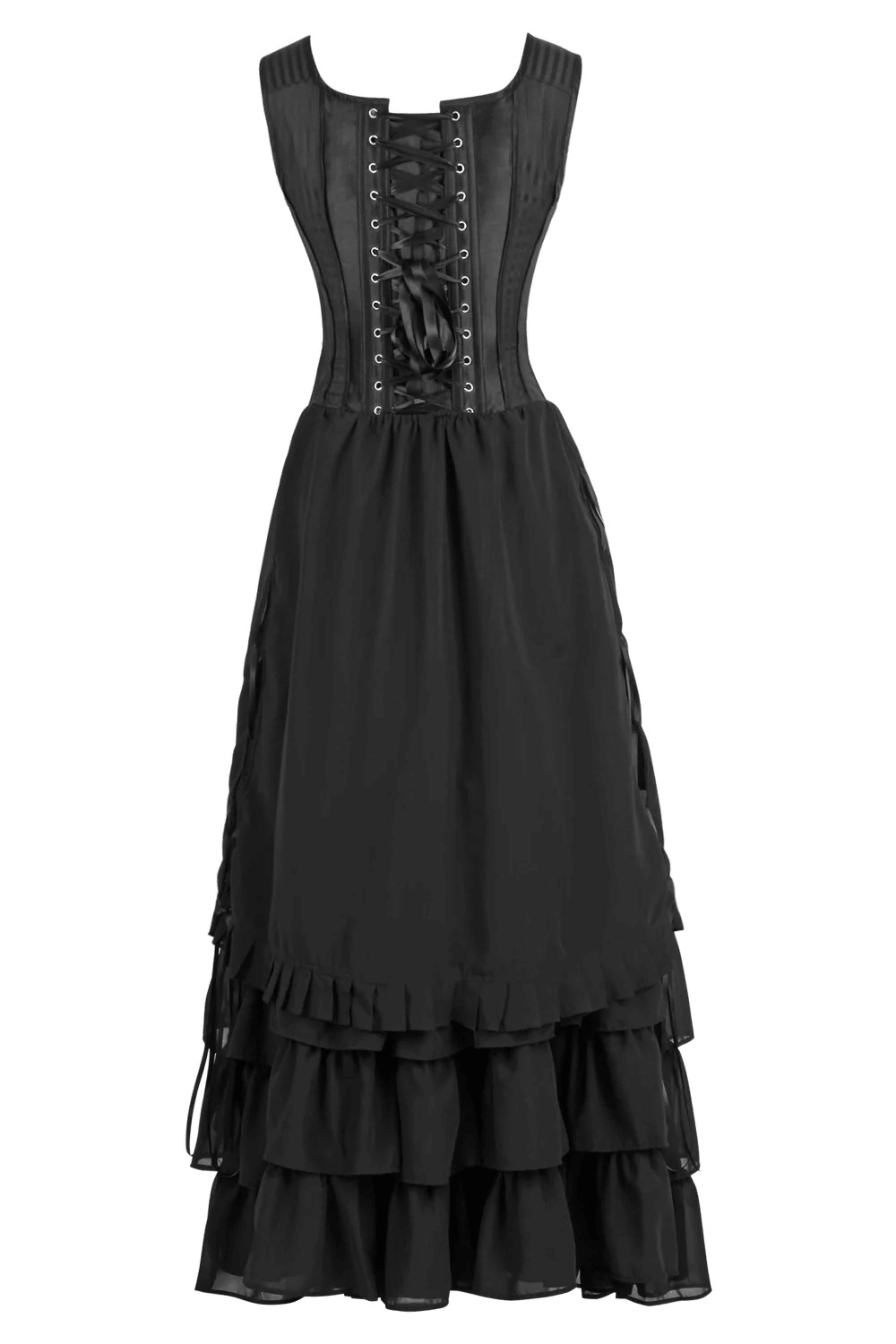 Black Victorian Corset Dress with Tiered Gothic Ruffle Skirt showcasing a lace-up bodice and flowing tiered ruffles.