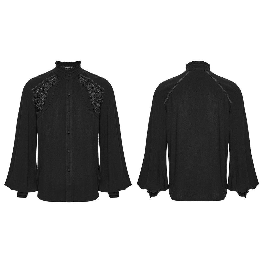 Black Victorian Embroidered Shirt with Lantern Sleeves featuring ruffled collar and intricate lace design.