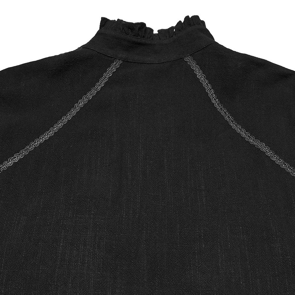 Black Victorian Embroidered Shirt with Lantern Sleeves back view showcasing ruffled collar and intricate detailing.